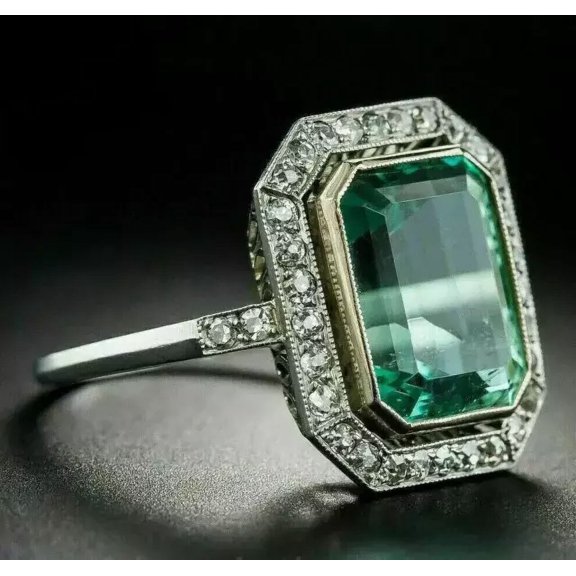 2.75Ct Art Deco Lab-Created Diamond & Green Emerald Ring 14k White Gold Finish