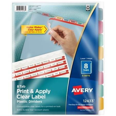 Avery - Index Maker Plastic Dividers with Print & Apply Label Sheets, 8 Tabs, Multicolor, 5 Sets/Pack - Translucent Multicolor