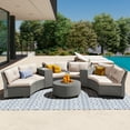 thumbnail image 2 of 9-Piece Patio Wicker Sofa Set, Half-Moon Shaped Sectional Rattan Suit Combination with Movable Cushions, Round Table, Steel Legs, for Garden Outdoor, Beige, 2 of 9
