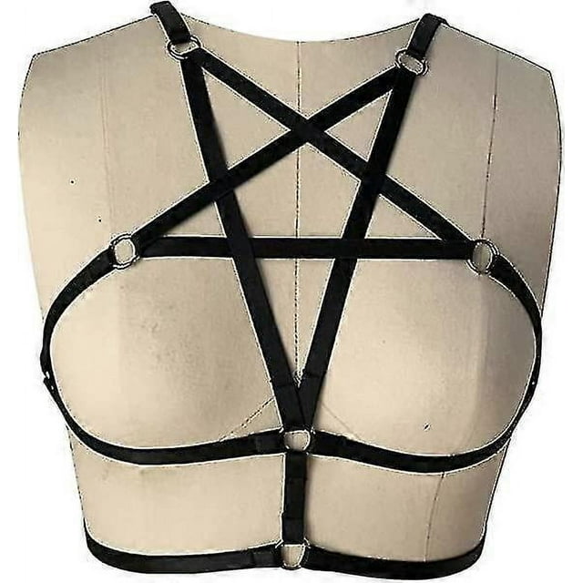 2 Pcs Sexy Women Harness Halter Pentagram Body Harness Bra Caged Bra Cupless Bra Punk Gothic Style Strappy Bralette