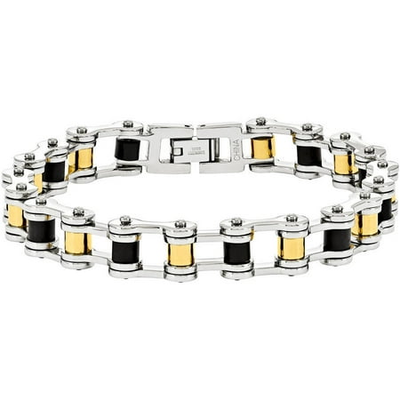 Stainless Steel Yellow IP-Plated and Black Rubber Bracelet, 8.75