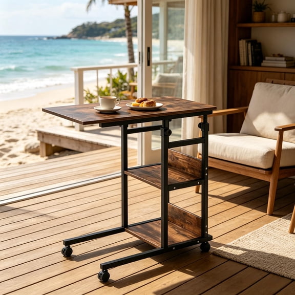 C-Shaped Height Adjustable Rolling Side Table, 3-Tier Mobile Utility Cart with Lockable Wheels, Multi-Purpose Sofa Snack Bar & Garden Table