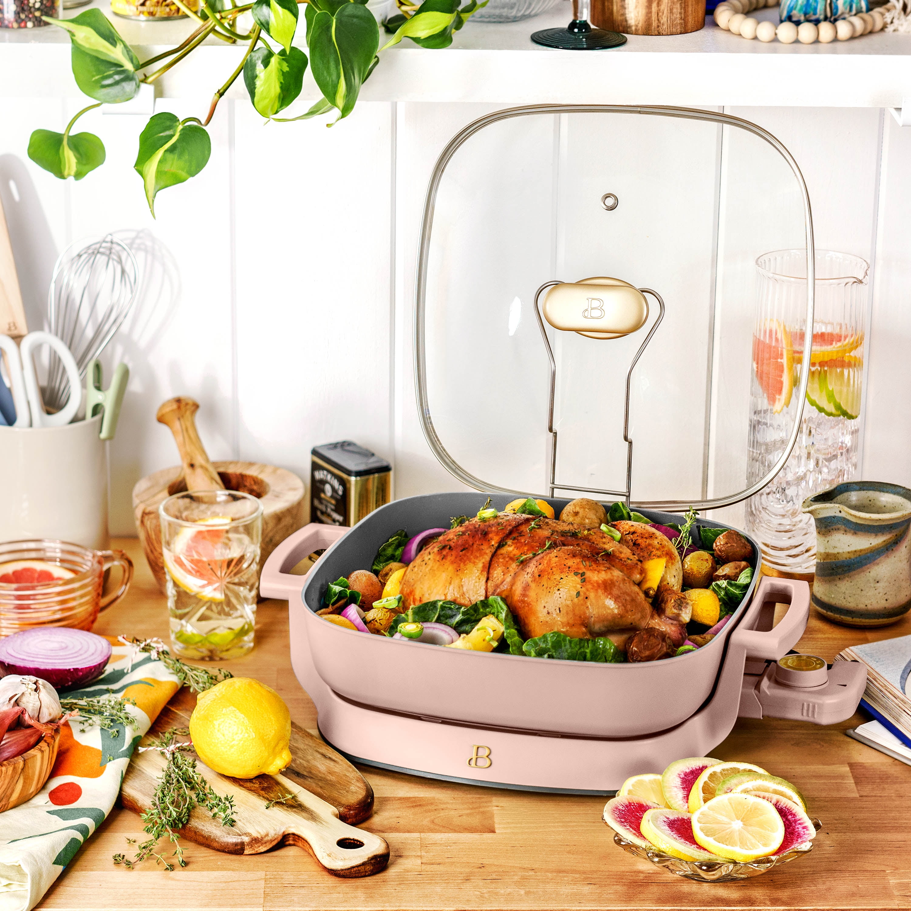 Beautiful 5 in 1 Electric Skillet - Expandable up to 7 Qt with Glass Lid, Rose by Drew Barrymore
