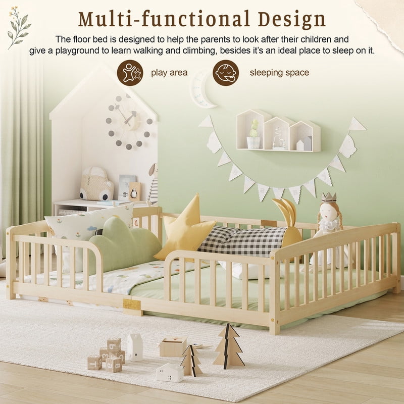 Queen Size Montessori Kids Floor Bed with Entrance, Toddler Crib Fence Bed, Low-Profile Wood Platform Bed Frame with Curved Guardrails