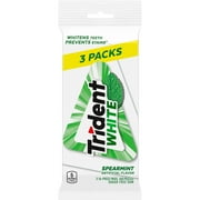 Trident White Sugar Free Gum, Spearmint, 3 Packs of 16 Regular Size Pieces (48 Total Pieces)