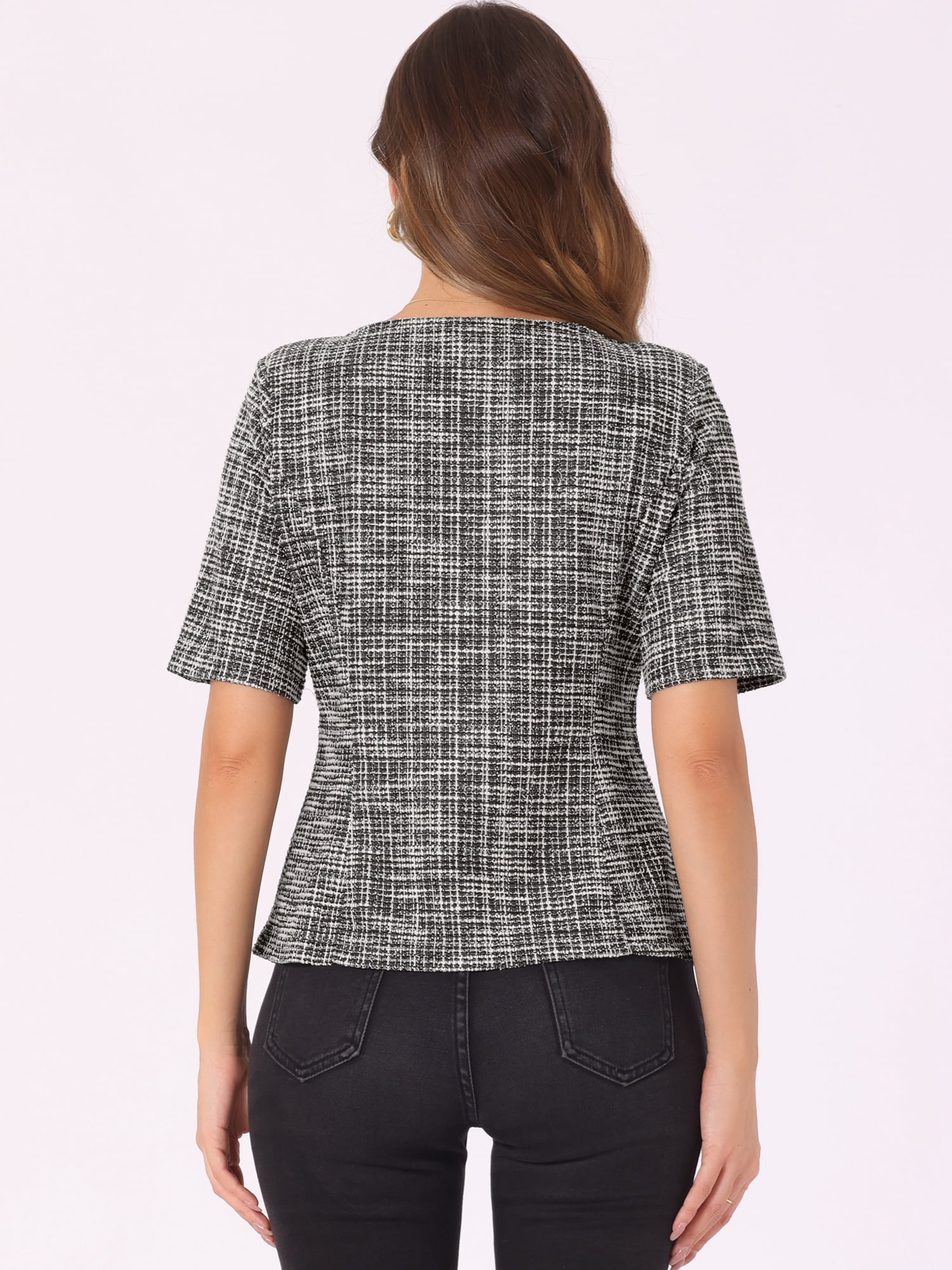 DARING DIVA Women's Tweed Top Round Neck Short Sleeve Pullover Blouse L Black