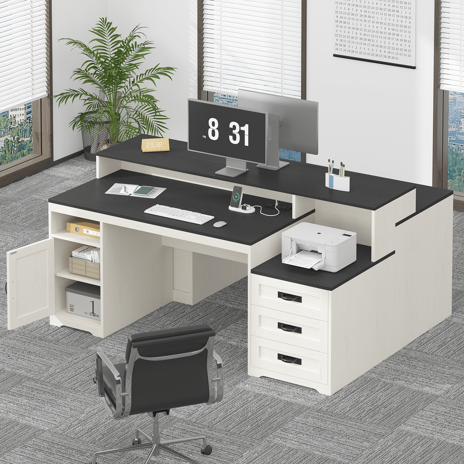 Farmhouse Computer Desk with Drawers, 65'' Home Office Desk with Power Outlets, Storage Cabinet and Printer Stand, Study Writing Desks with Long Monitor Stand, Black and White