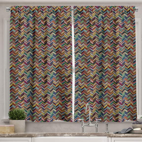 Ambesonne Boho Kitchen Curtains, Zigzag Multicolored Antique, 55"x39", Vermilion and Earth Yellow