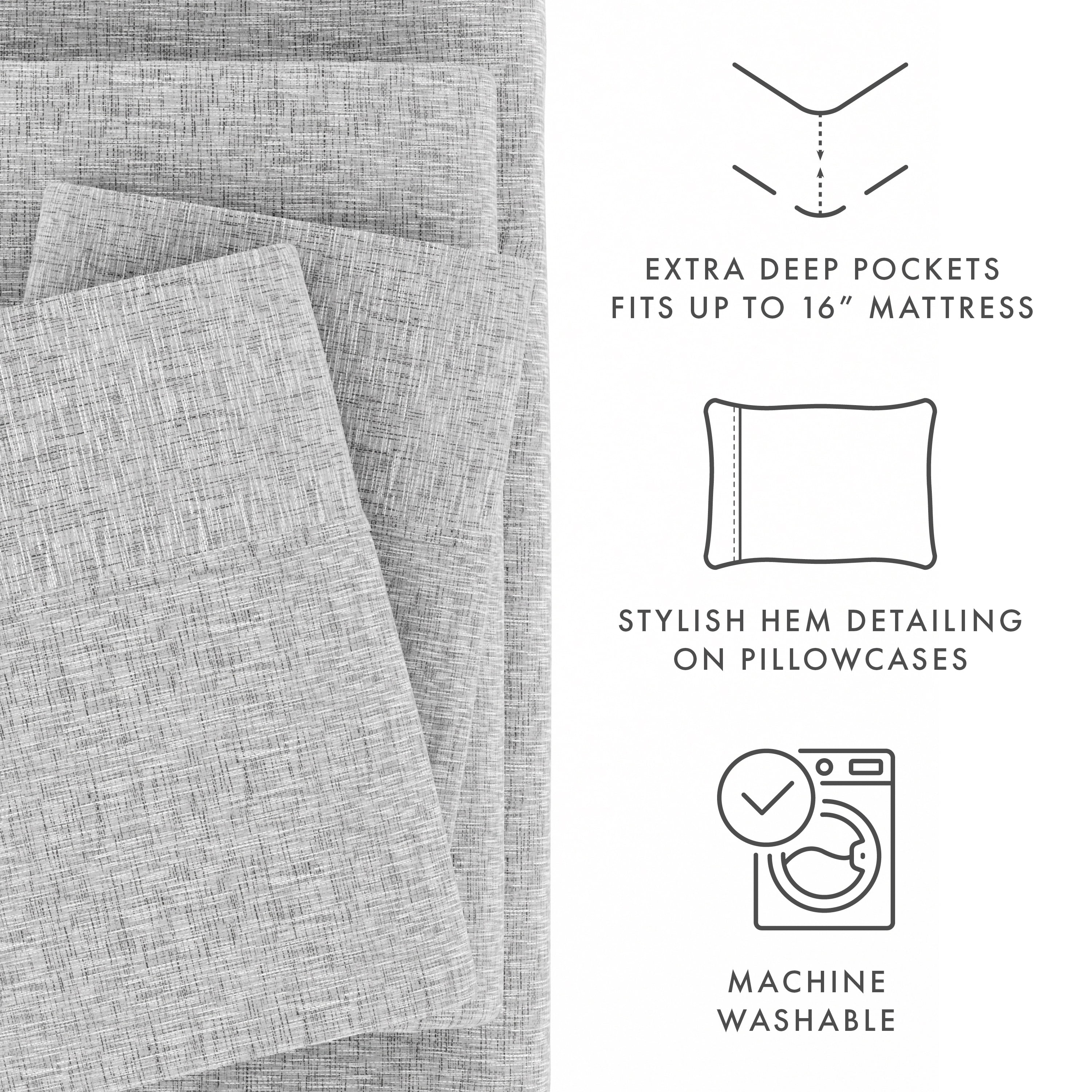 Noble Linens 4 Piece Pattern Microfiber Bed Sheets Set, Light Gray Chambray Style, Full