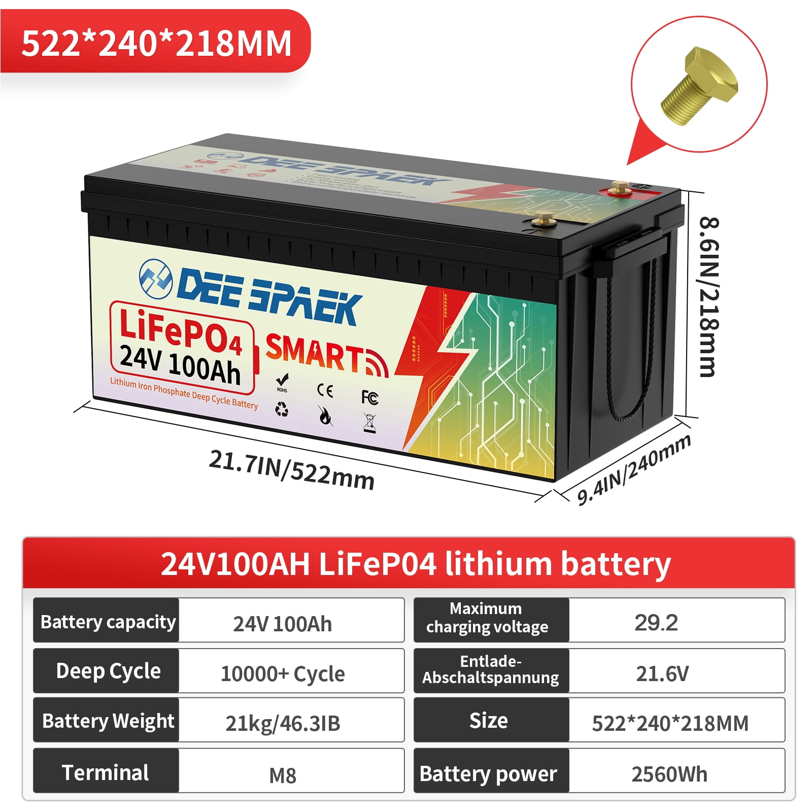 24V 100Ah LiFePO4 Battery Bluetooth,Deep Cycle Lithium Batteries for RV,Solar,Trolling Motor,Boat,Marine,Camper,DEESPAEK 100A BMS