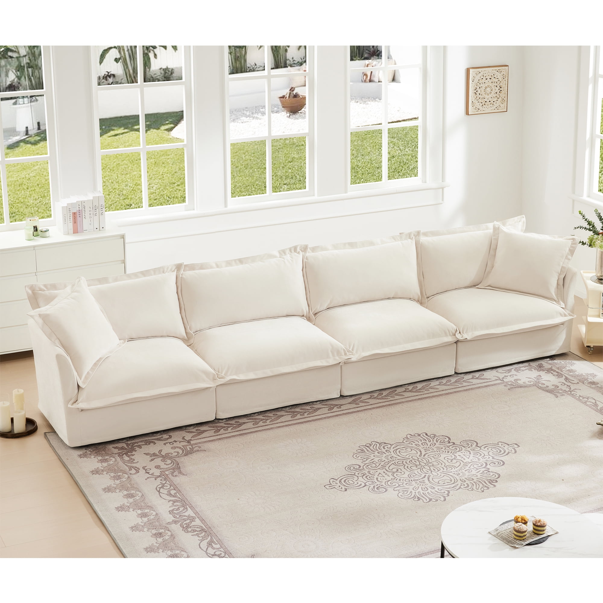 Gewnee Chenille Cream Deep Seat Oversized Slipcovered Long 4 Seater Sofa with Removable Cover, Comfy Sofa for Living Room