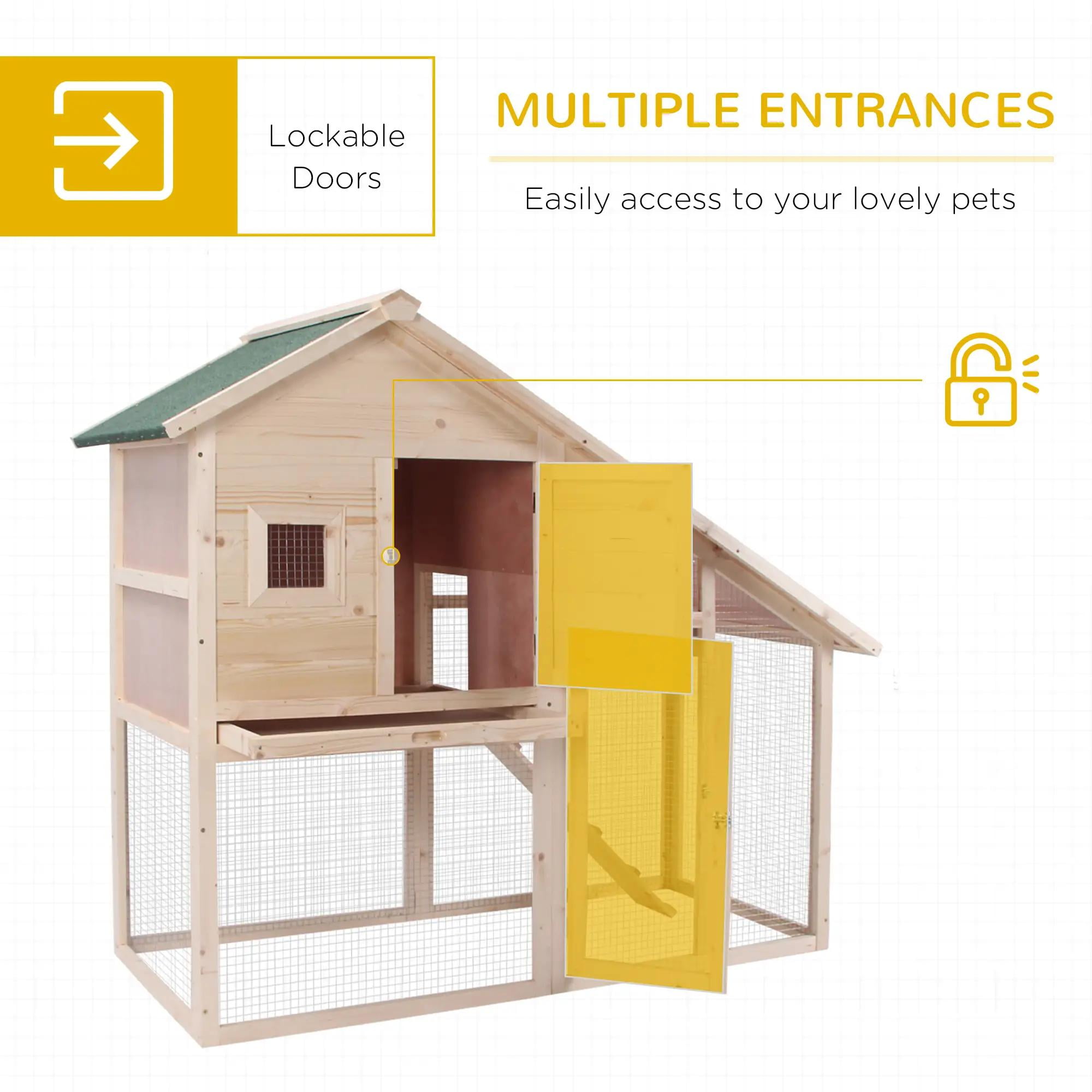 Pefilos 55" Wooden Rabbit Hutch Indoor and Outdoor, Rabbit Cage with Tray, Bunny House, Chicken Coops, 2-Story Guinea Pig Hutch with Run, Beige