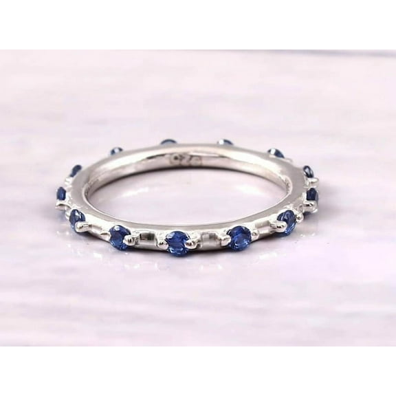 Natural Blue Sapphire Gemstone Band Round Shape 925 Sterling Silver Full Eternity Handmade Wedding Band, Best Ring Gift For Women .