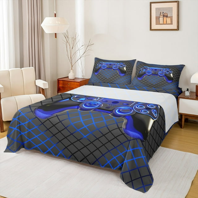 Erosebridal Blue Gamepad Bed Sheets Set Twin Size, Game Controller Bed Sheets Twin, Abstract Geometry Twin Sheet Sets, Breathable Bedroom Decoration, 3pcs