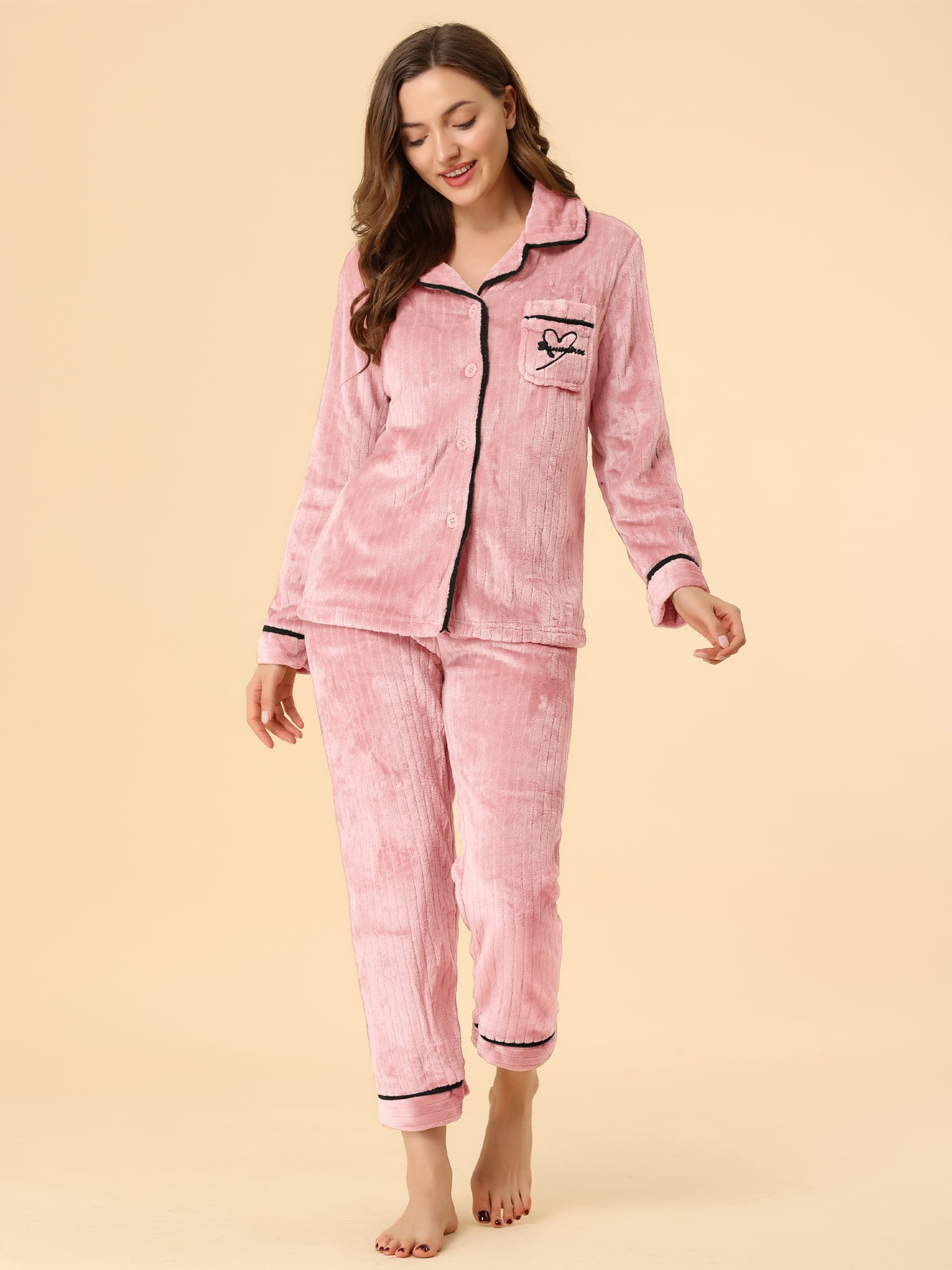 Unique Bargains Women’s Flannel Pajama Button Down Pj Lounge Sleepwear Sets