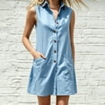 thumbnail image 5 of Women's Sleeveless Solid Color Cotton Linen Blend Shirt Dress Collared Button Down Casual Dress with Pockets Light Blue XL(XL), 5 of 7