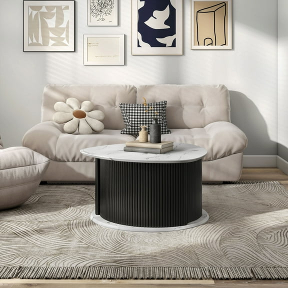 Furniture of America Talo Fluted Pedestal Triangle Storage Coffee Table, White Marble and Black