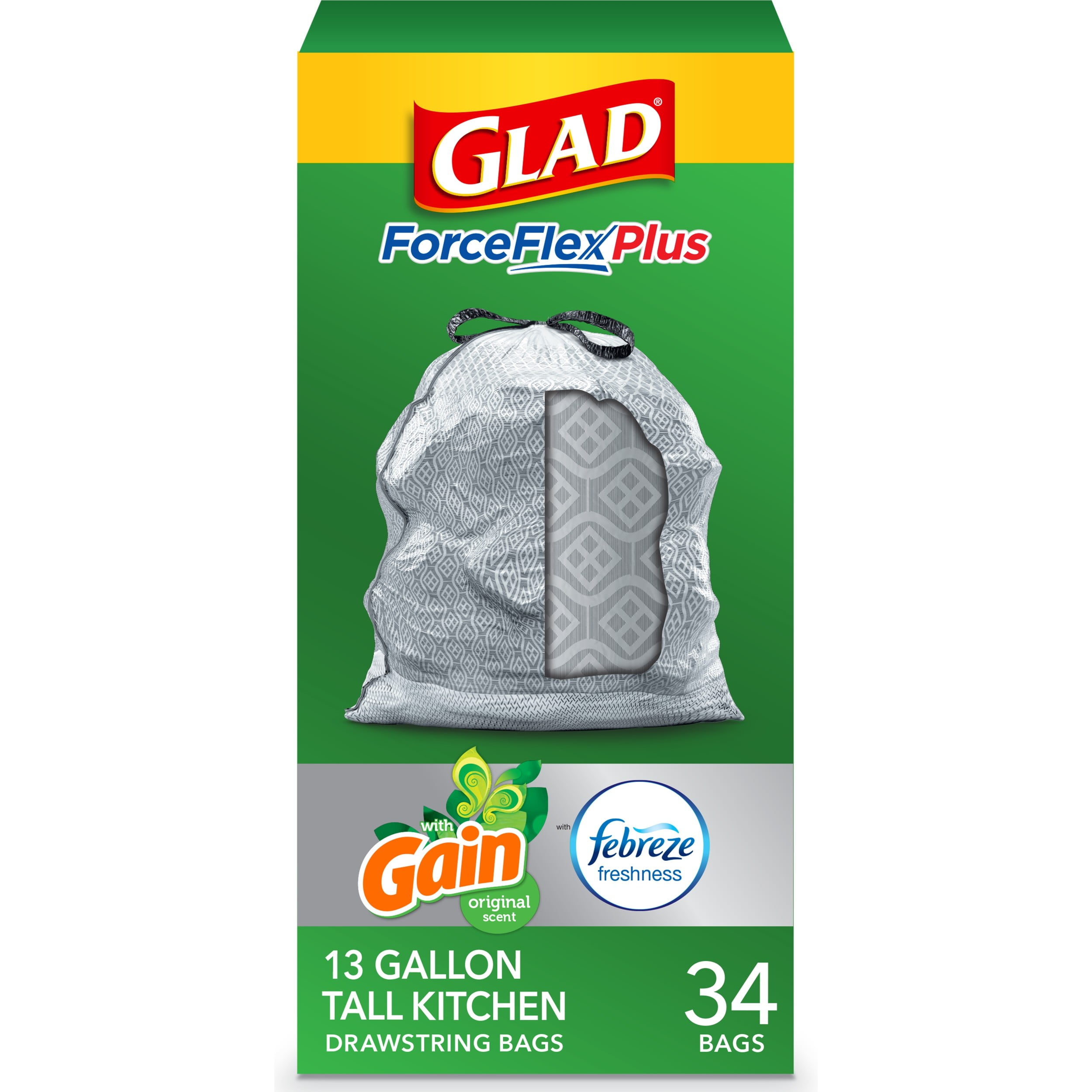 Glad 60034 Tall Kitchen Trash Bag, 13 gal, LLDPE, White