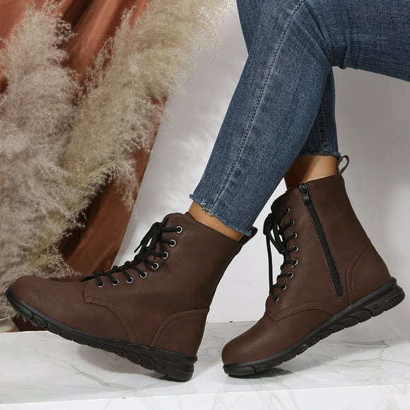 jsaierl British Style Solid Color Lace-up Boots Side Zip Casual Wedge Heel Women's Boots
