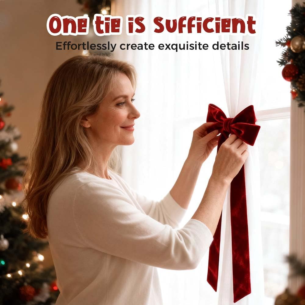 Christmas Curtain Tieback with Red Velvet Bow - Decorative Holiday Holders 19.7x15.7 Inch for Festive Home Decor, Perfect for Christmas Living Room, Window, Mantel