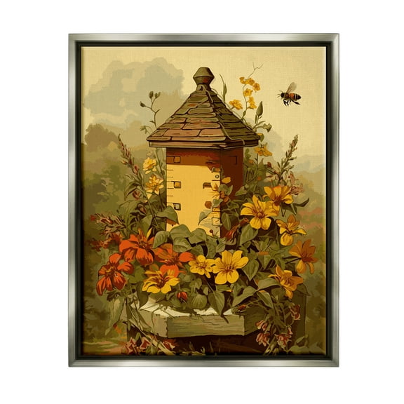 Stupell Industries Bees & Floral Architecture Botanical & Floral Painting Gray Floater Framed Canvas Art Print Wall Art, 17 x 21