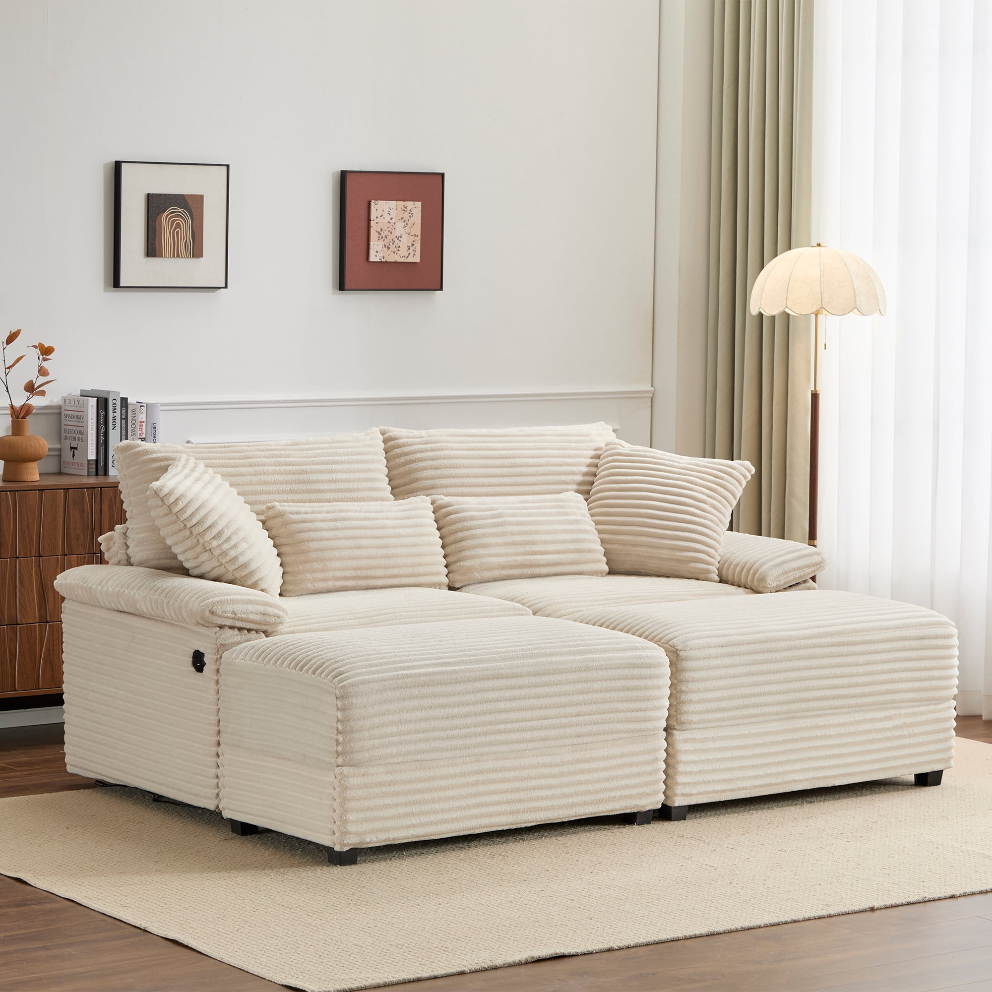 Alvantor 74" Sofa Loveseat with Reversible Ottoman & USB Port Corduroy Chaise Couch for Living Room Beige