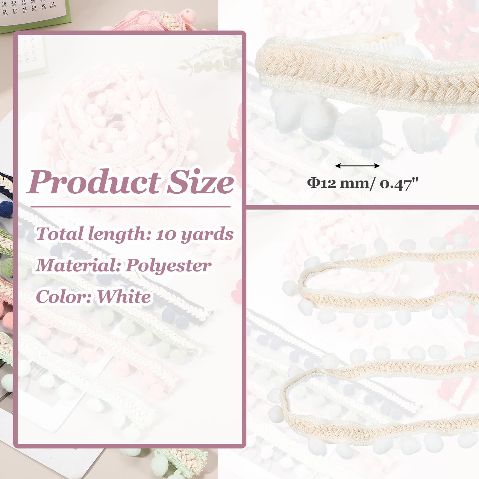 Uxcell 10 Yards Embroidered Pom Pom Ribbon, Fabric Trim Fringe Pom Pom Crafts Tassel Lace for Sewing DIY Clothing Bag Bedding Pillow Curtain Decoration, White