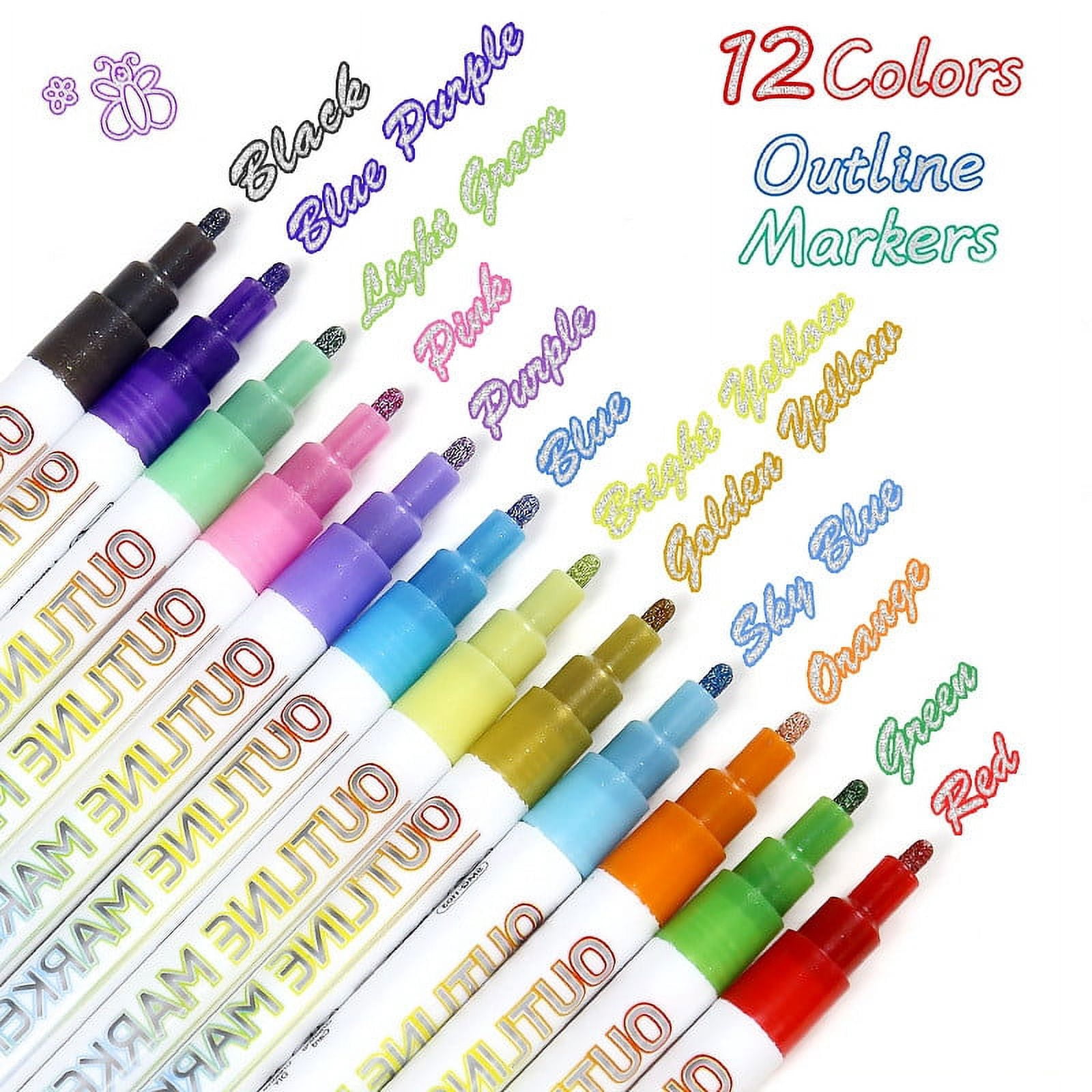 Weloille Double Line Outline Pens, 12 Colors Self-outline Metallic Markers, Shimmer Pens Set for Christmas Card Writing, Birthday Greeting, DIY Art Crafts