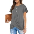 thumbnail image 2 of Camiseta de manga corta para mujer, cuello redondo, parte delantera torcida, ajuste holgado, Color puro, Top informal de verano, 2 of 5