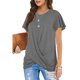 thumbnail image 2 of Camiseta de manga corta para mujer, cuello redondo, parte delantera torcida, ajuste holgado, Color puro, Top informal de verano, 2 of 5
