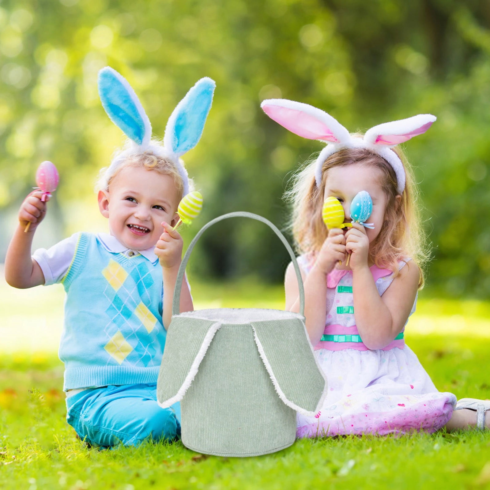Easter Bunny Basket with Long Ears - Plush Rabbit Egg Basket for Kids, Reusable Easter Candy Storage and Holiday Decor, Easter Bunny Basket for Girls Boys