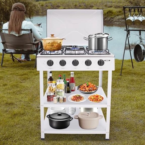 KOLHGNSE Camping Stove,5 Burner Natural Gas Stove,Manual Ignition Portable Camp Stove with Support Leg Stand and Wind Blocking Cover Adapter, Portable Gas Stove for RV, Apartment, Outdoor Cooking