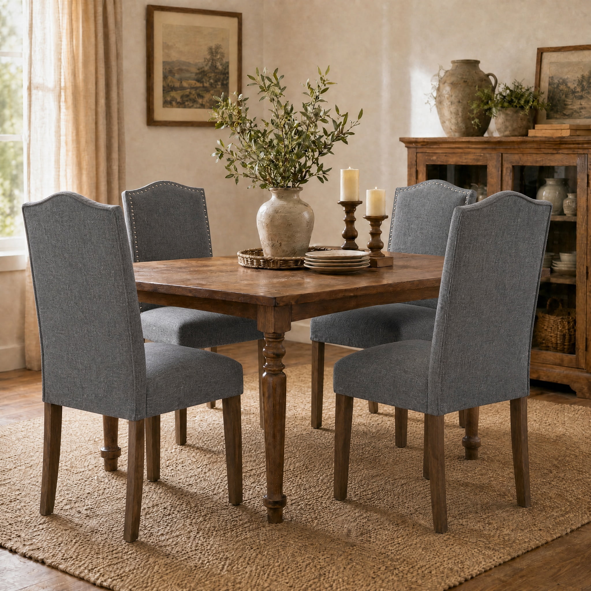 Snugway Dining Chair Grey Upholstered Parson Chair with Nailhead Trim, Set of 6