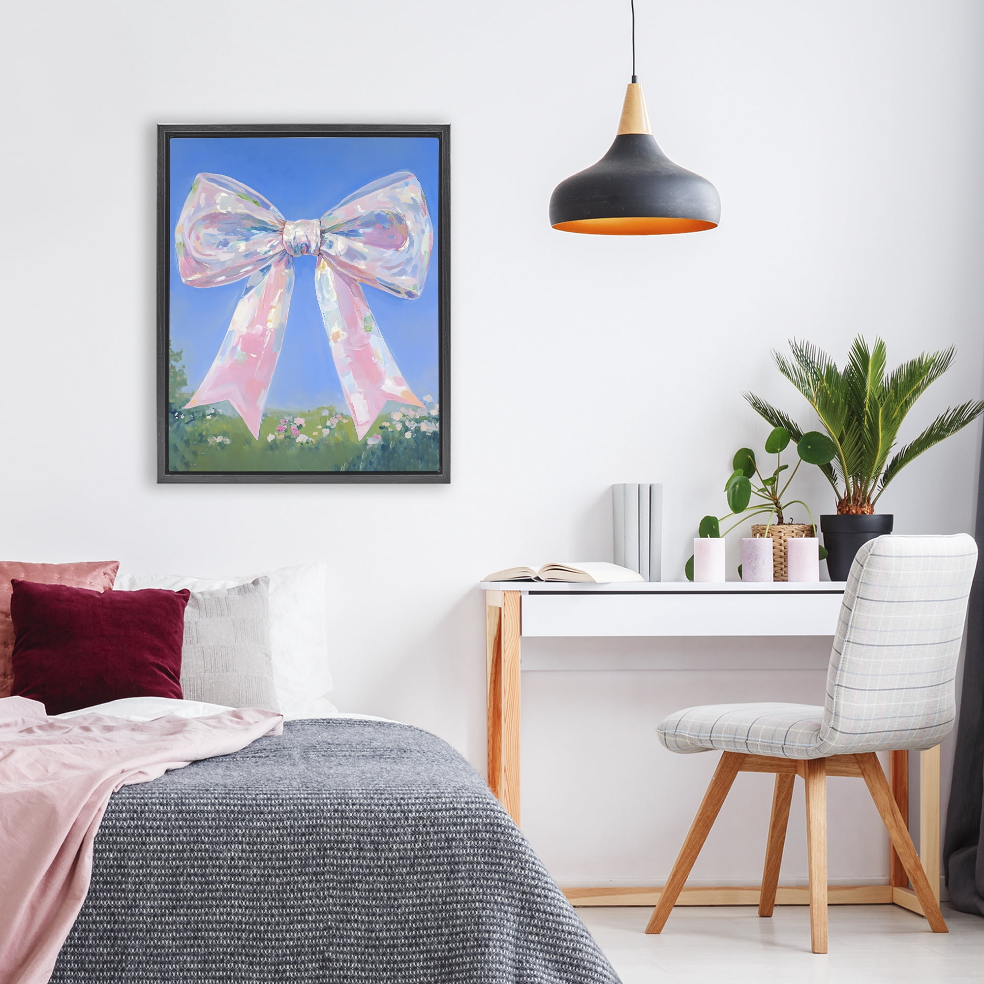Stupell Industries Iridescent Pink Bow in Meadow Black Framed Floater Canvas Wall Art, design by The Prints Vibe