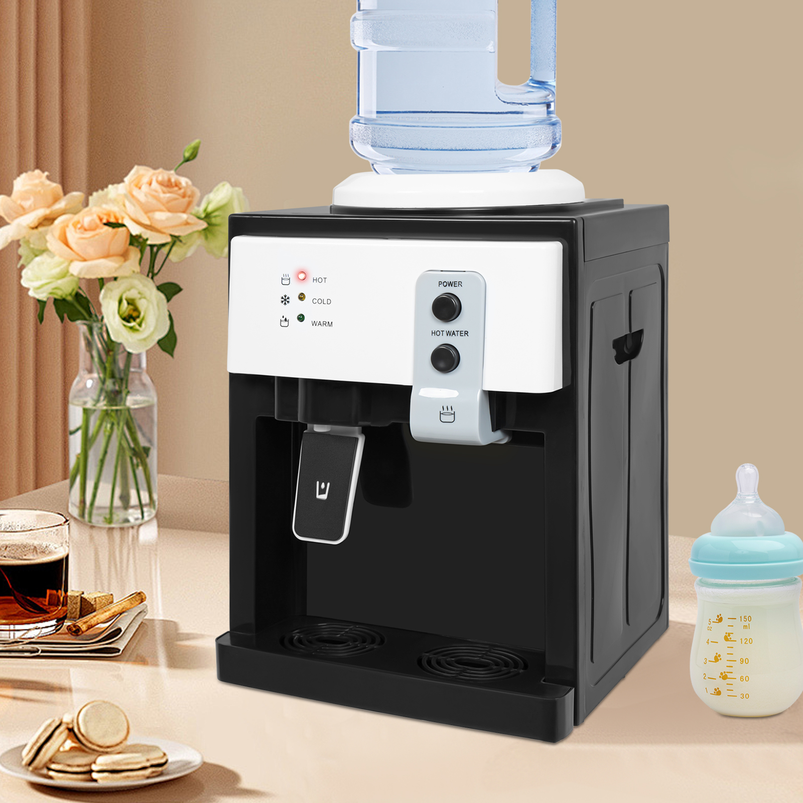 27*24*37cm 500W Top Loading Countertop Water Cooler Dispenser Hot&Cold Water Drinking Machine with Indicator Lights