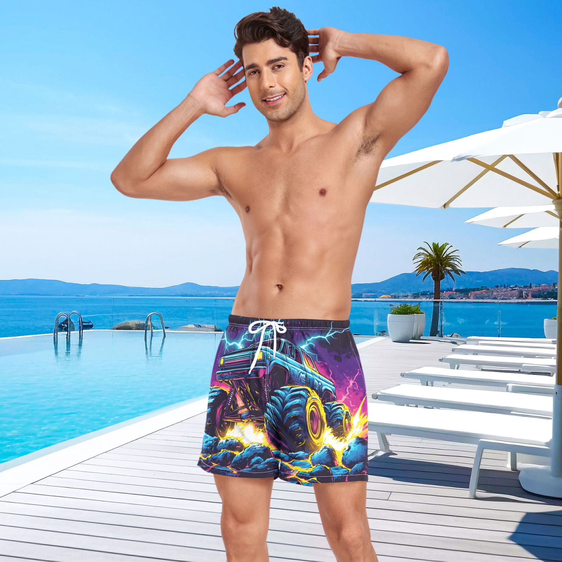 joogoo Men's Monster Truck Lightning Swim Trunks with Liner Pocket Beach Shorts Large