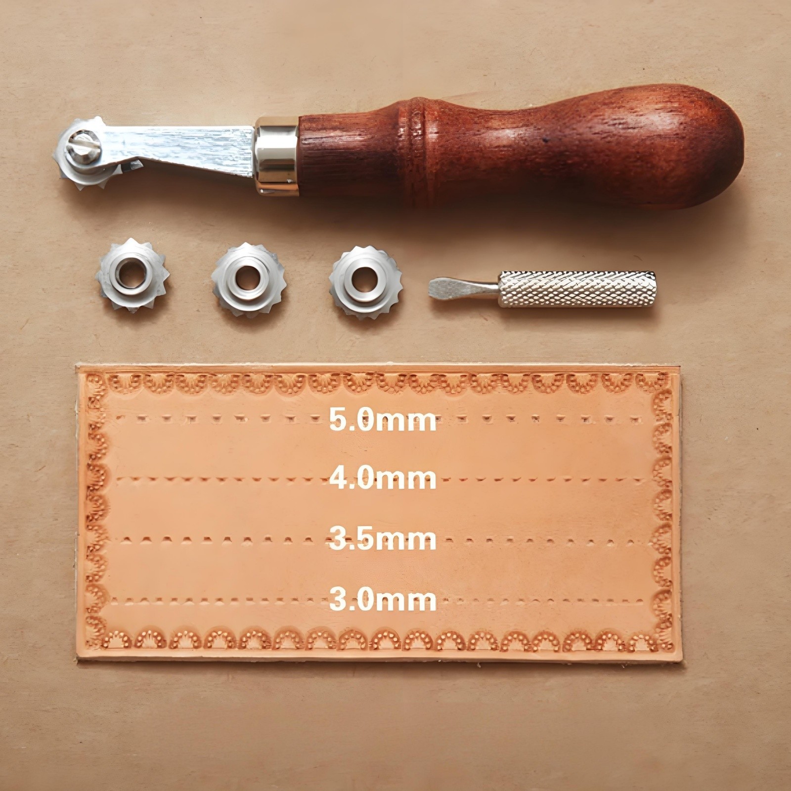 Leather Stitching Sewing Wheel Set for DIY Leathercraft, Japanese Style Marking & Spacing Tool with Wooden Handle and 4 Interchangeable Metal Wheels (3mm, 3.5mm, 4mm, 5mm)