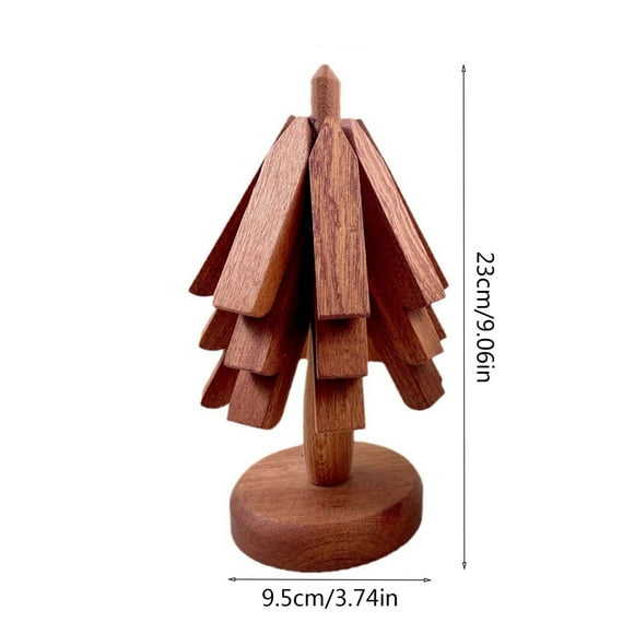 Wooden Trivets for Hot Pots and Pans, Tree Shape Trivet Set,Dish Serving Mats Heat Resistant Pot Holders, Foldable Potholder Easy Storage (Ebony, 3 Wooden Trivets + 1 Stand)