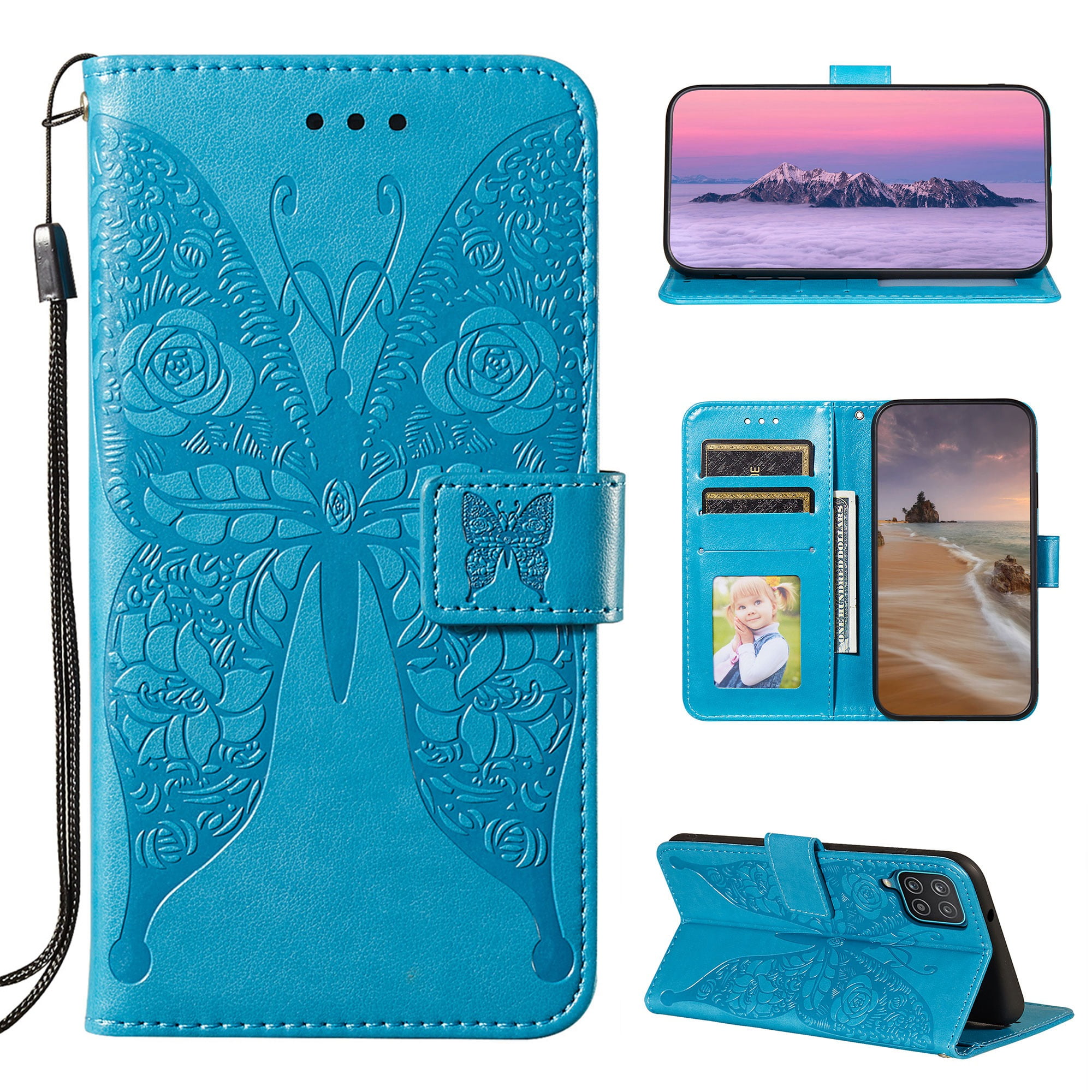 Samsung Galaxy A12 Wallet Case Dteck Embossed Butterfly Pu Leather Folio Flip Phone Case Stand Protective Cover With Credit Card Holder Hand Strap For Samsung Galaxy A12 5g Blue Walmart Com