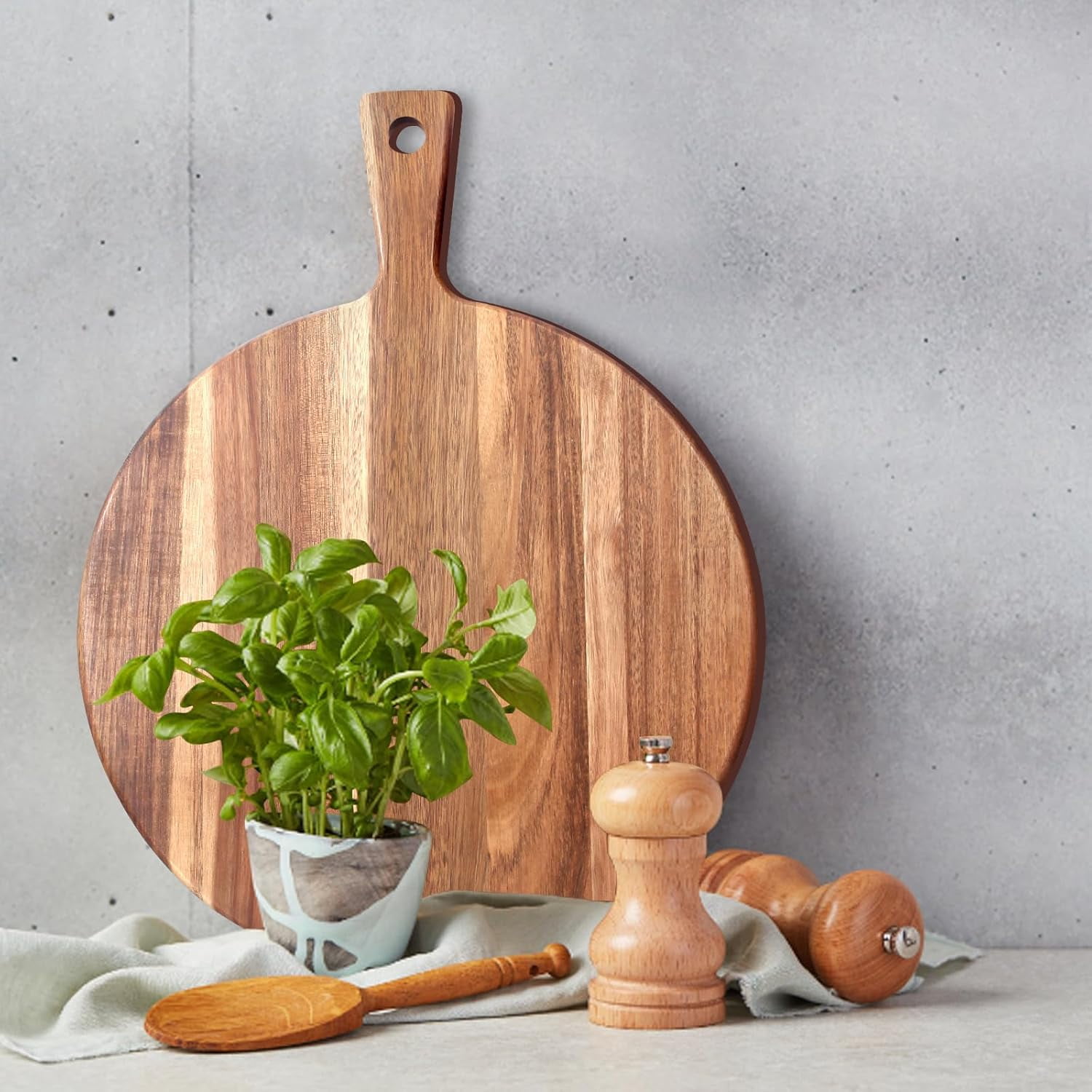 21"x16" XL Round Acacia Wood Cutting Board with Handle, Large Charcuterie Serving Platter for Meat, Cheese, Bread & Pizza