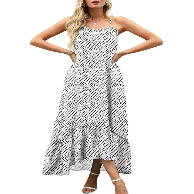 PENGXIANG Femmes V Cou Floral Maxi Robe Boho Imprimé Spaghetti Sangle Ethnique Plage Longue Robe Noire XL