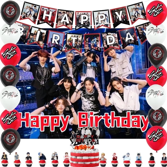 Stray Kids Theme Cartoon style Birthday Decoration Kits，Party Supplies，Including Banner, Balloons, Cake Toppers, Cupcake Toppers，Background Flag.