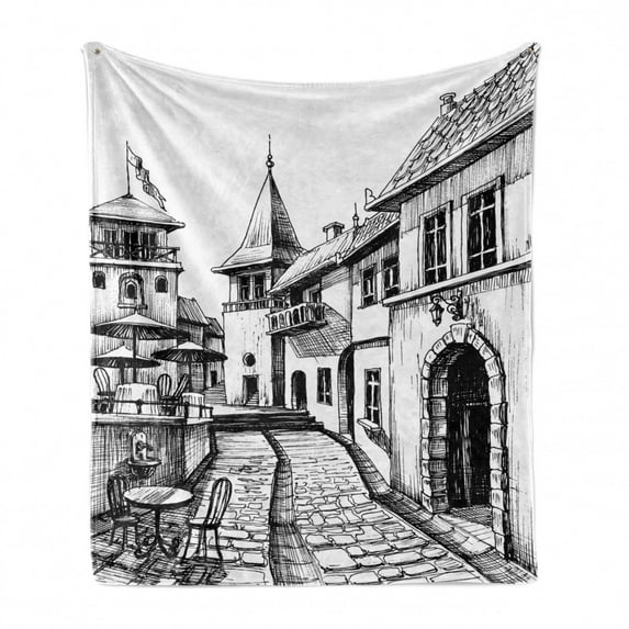 Cityscape Soft Flannel Fleece Throw Blanket, Old Peaceful City Drawing Restaurant Terrace Sketch Downtown Lifestyle Scene, Cozy Plush for Indoor and Outdoor Use, 70" x 90", Black White, by Ambesonne