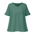 thumbnail image 5 of Cotton Linen Cute Summer Tops Ruffle Short Sleeve V Neck Pleated T Shirts for Women Loose Fit Solid Casual Tees (Medium, Blue), 5 of 7