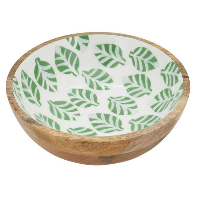 SARO SE244.G10R Wood Bowl with Leaves Enamel Design