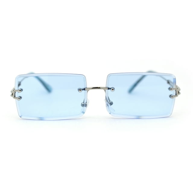 Luxe 90s Full Rimless Bevelled Oceanic Lens Square Sunglasses Silver Blue