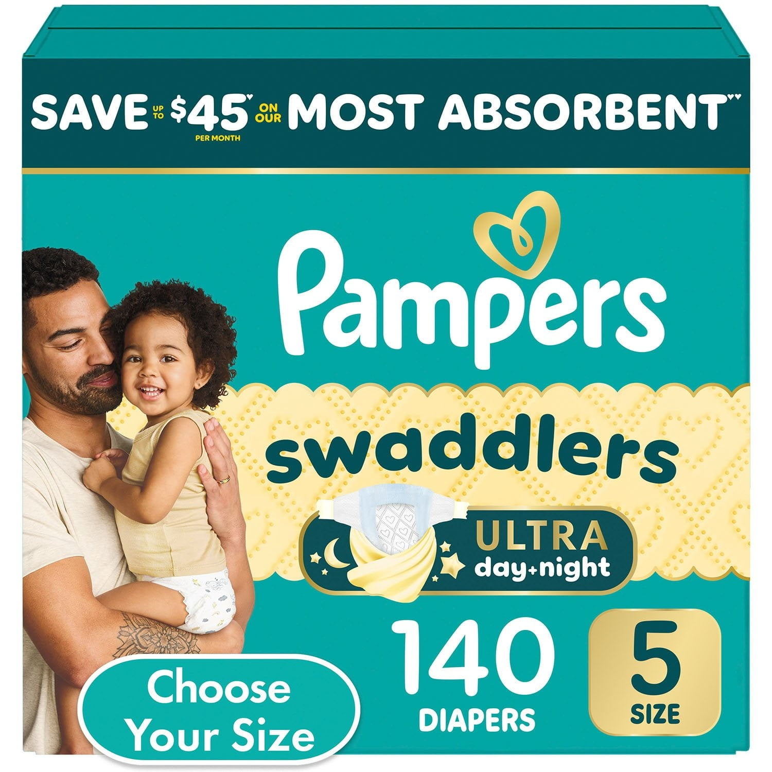 Pampers Swaddlers Diapers Size 5 (20–37 lb), Ultra Day & Night Protection, 140 Count