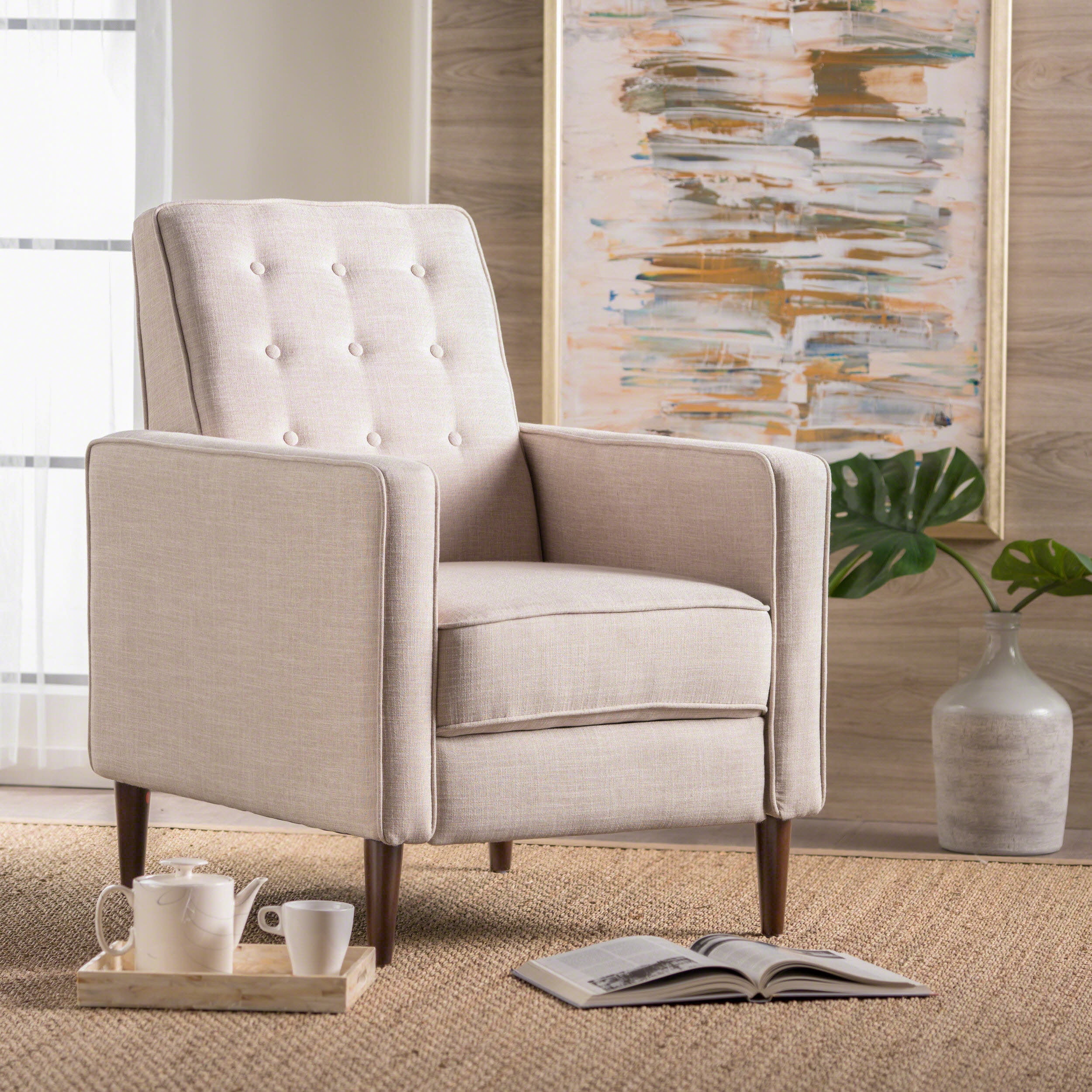 Euroco Modern Fabric Recliner Chair with Espresso Wood Legs, Adjustable Backrest & Plush Upholstery, Space-Saving Design