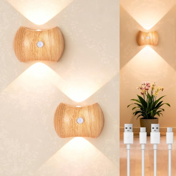 Motion Sensor Wall Lights Indoor - Rechargeable Wall Lights Up & Down, Wireless Battery Operated Wall Sconce Set of 2 for Bedroom, Hallway, Stair, Living Room Decor, Wood Cordless Magnetic Wall Lamp