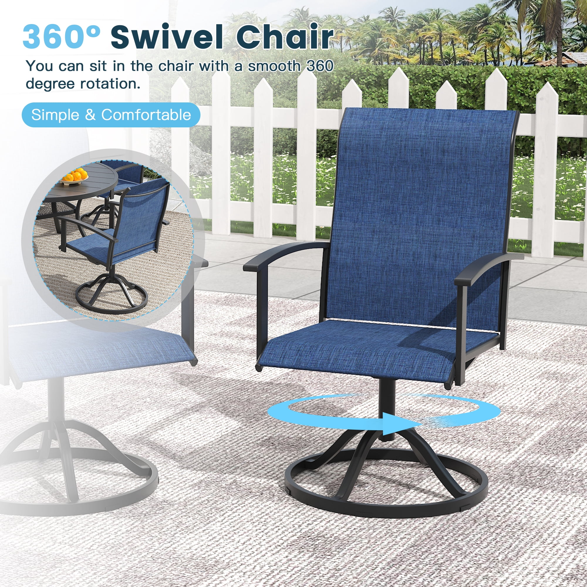 DIFY 7PCS Patio Dining Furniture Set, 53" Round Slatted Table and 6 Swivel Textilene Chairs